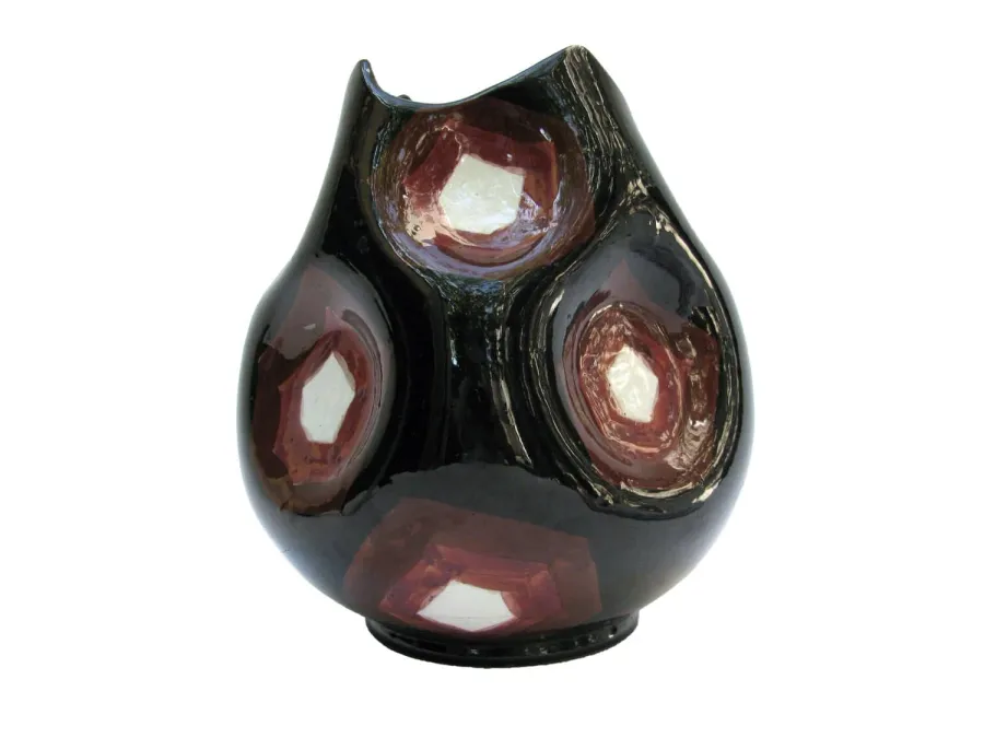 obrazek 3 Okrągły ceramiczny wazon na kwiaty z połowy XX wieku z ręcznie wykonanymi wnękami