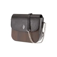 Picture A subtle women's shoulder bag made of black Saffiano leather and real smoked oak wood