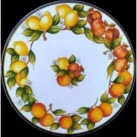 Picture Round decorative garden tabletop made of lava with a fruit motif - Ceramiche Valchida