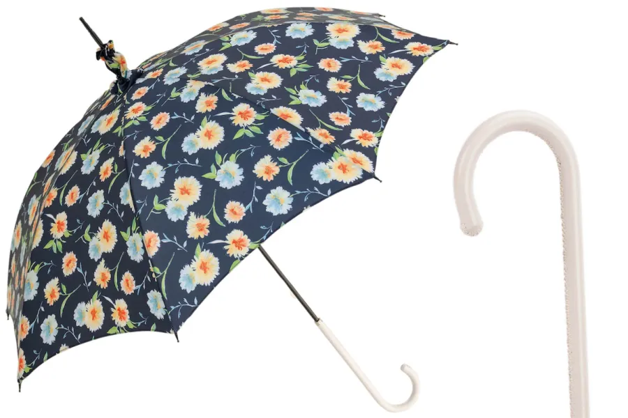 obrazek 1 Wyjątkowy granatowy parasol damski zdobiony pięknym motywem kwiatowym - Pasotti