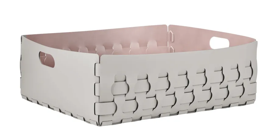 obrazek 1 Stylowy płaski kosz Dubai 60x50xH20 cm wykonany ze skóry w kolorze perłowym