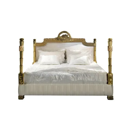Zdjęcie Ekskluzywne drewniane, ręcznie rzeźbione łóżko SISSI - antyczne złoto, biały jedwab - na materac 180x200 - Collecion Alexandra