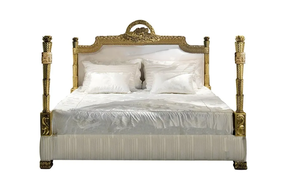 obrazek 1 Ekskluzywne drewniane, ręcznie rzeźbione łóżko SISSI - antyczne złoto, biały jedwab - na materac 180x200 - Collecion Alexandra