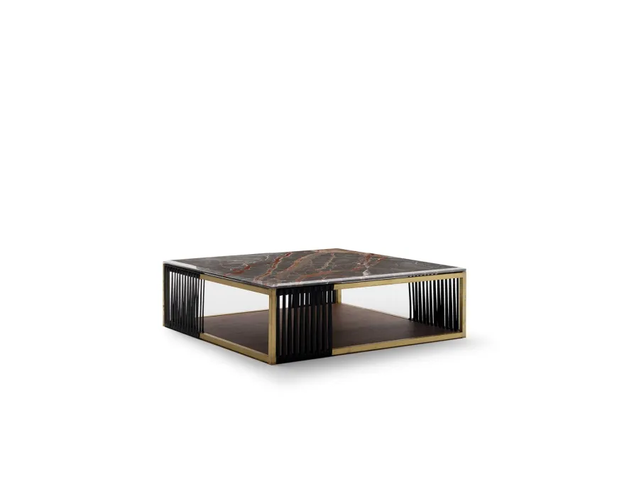 obrazek 1 Stolik kawowy 50x50cm na metalowo-skórzanej podstawie z blatem z drewna lub marmuru - Ulivi Salotti