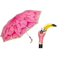 Picture Original pink women's umbrella decorated with a flower pattern and a flamingo-shaped handle – Pasotti