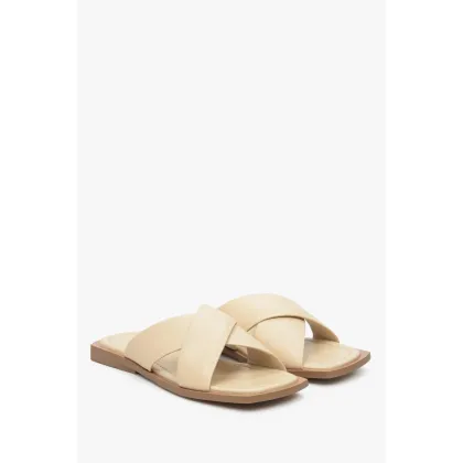 Zdjęcie Estro: Beżowe skórzane klapki damskie z grubych pasków na płaskim obcasie