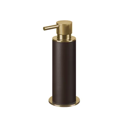 Picture Gold-plated bathroom dispenser Ø7xH19 cm with chocolate-colored leather body