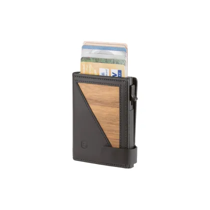 Picture Elegant wallet made of smooth black leather and natural Amazaque wood