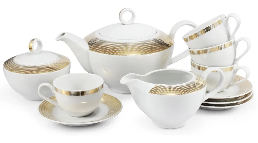 obrazek 1 Nowoczesny 11-elementowy zestaw do herbaty z porcelany ze złotym zdobieniem z  kolekcji Angel wings – Leander