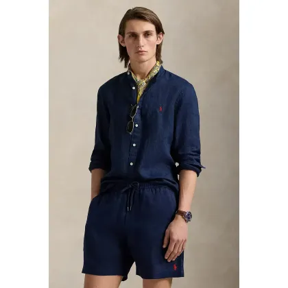 Zdjęcie Polo Ralph Lauren koszula lniana męska kolor granatowy slim ze stójką 710968925