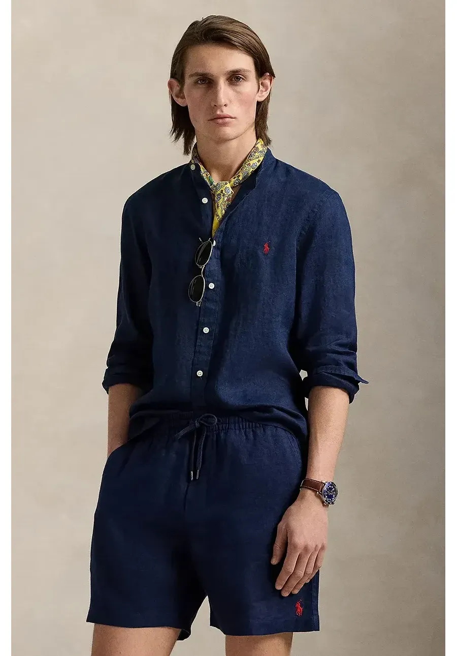 obrazek 1 Polo Ralph Lauren koszula lniana męska kolor granatowy slim ze stójką 710968925