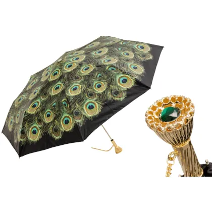 Zdjęcie Oryginalny czarny parasol damski zdobiony wzorem piór pawia – Pasotti