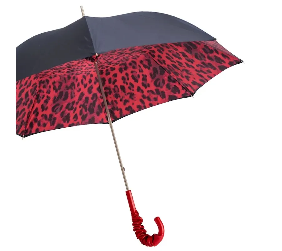 obrazek 7 Prestiżowy czarno-czerwony parasol damski zdobiony motywem skóry leoparda - Pasotti
