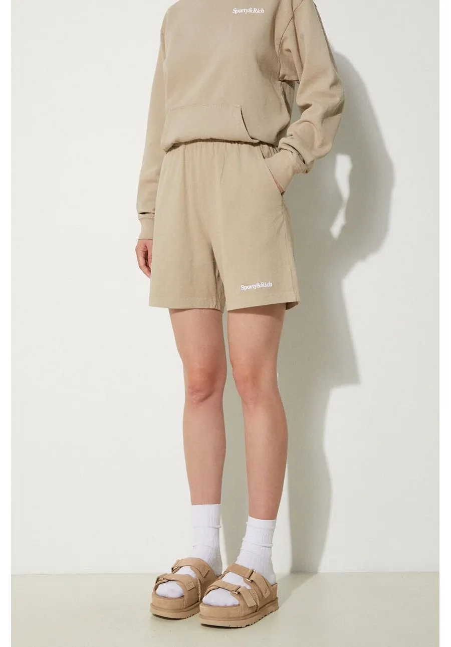 obrazek 1 Sporty & Rich szorty bawełniane Serif Logo Embroidered kolor beżowy gładkie high waist SH021S405SE
