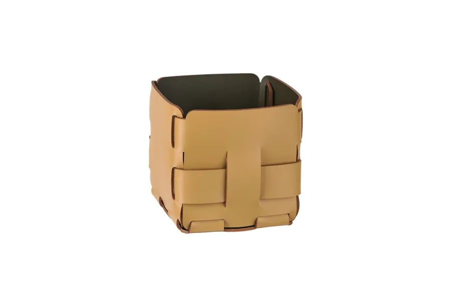 obrazek 4 Ekskluzywny mały koszyk Bottega 12x12xH13 cm w kolorze musztardowym