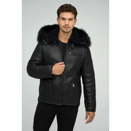 Picture Elegant men's sheepskin jacket with a fox or raccoon fur hood