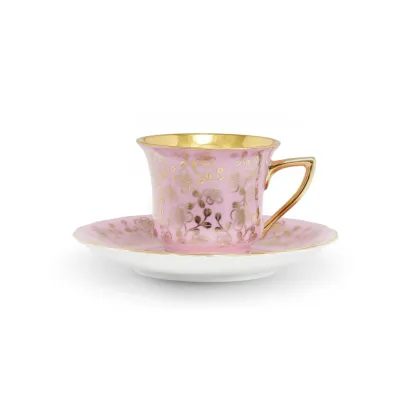 Zdjęcie Porcelanowa filiżanka do kawy Windsor ze spodkiem w kolorze różowym zdobiona złotym motywem kwiatowym – Leander