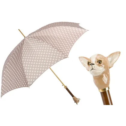 Zdjęcie Wyjątkowy brązowy parasol damski w białe kropki z rączką zdobioną głową psa Chihuahua – Pasotti