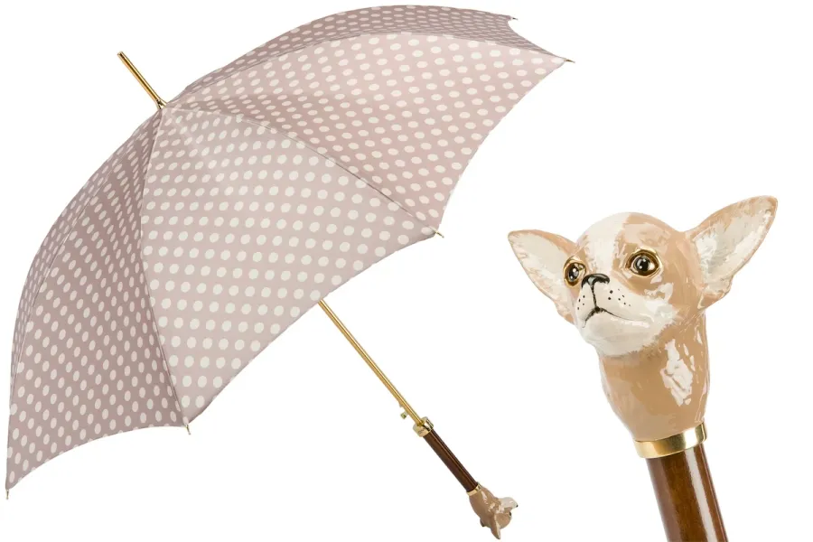 obrazek 1 Wyjątkowy brązowy parasol damski w białe kropki z rączką zdobioną głową psa Chihuahua – Pasotti