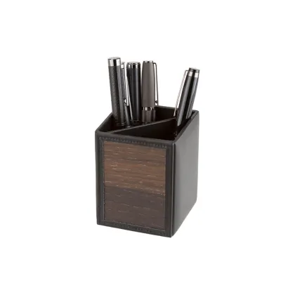 Picture Stylish pen holder made of black cowhide and real smoked oak wood