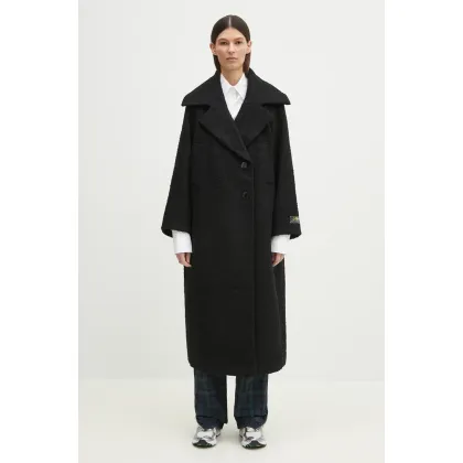 Zdjęcie GANNI płaszcz z domieszką wełny Textured Boucle Wool damski kolor czarny przejściowy oversize W0024