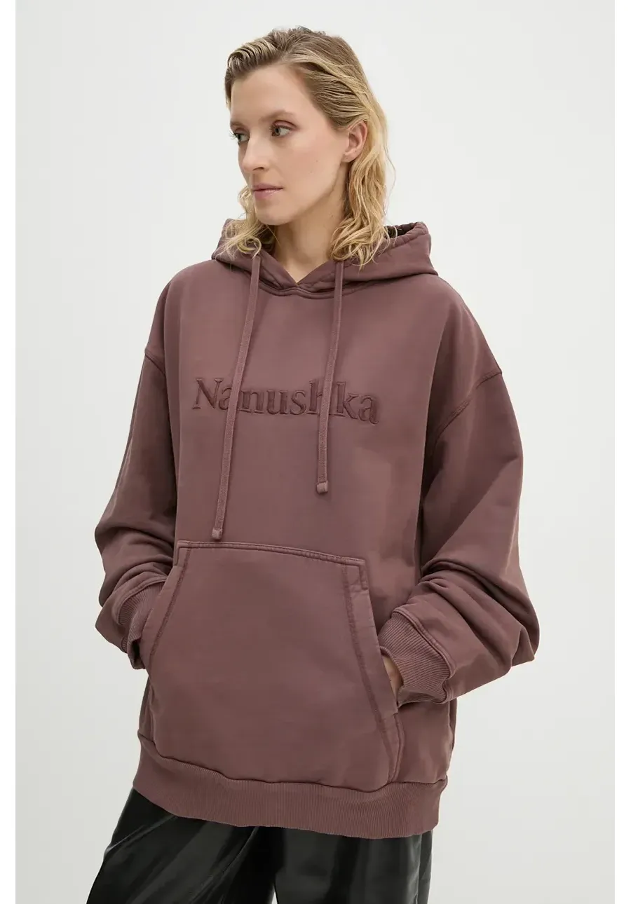 obrazek 1 Nanushka bluza bawełniana EVER damska kolor brązowy z kapturem z aplikacją NU24PFSH03378