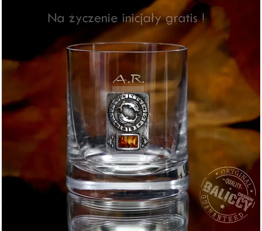 obrazek 5 Szklanka do whisky z bursztynem - znak zodiaku Ryby
