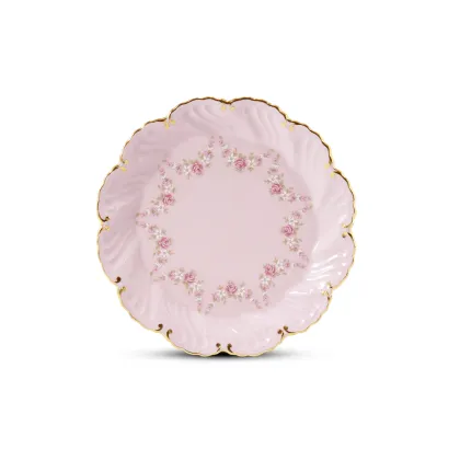 Zdjęcie Porcelanowy talerz deserowy w kolorze różowym zdobiony girlandami z róż – Leander