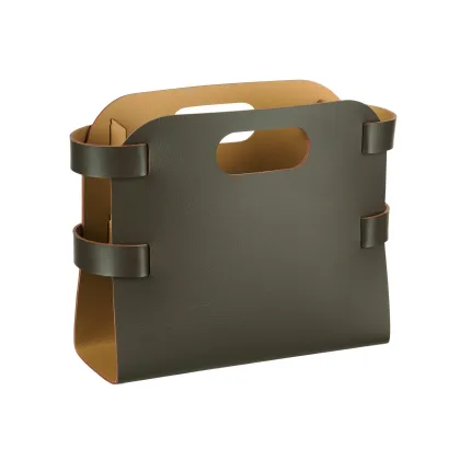 Zdjęcie Ciemnooliwkowy kosz na czasopisma 16x36xH25 cm z naturalnej skóry