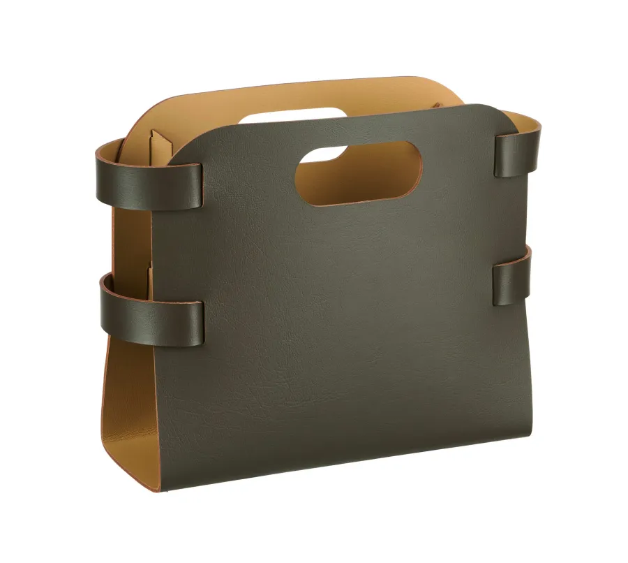 obrazek 1 Ciemnooliwkowy kosz na czasopisma 16x36xH25 cm z naturalnej skóry