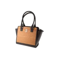 Picture Prestigious women's handbag made of black cowhide leather and natural Amazaque wood