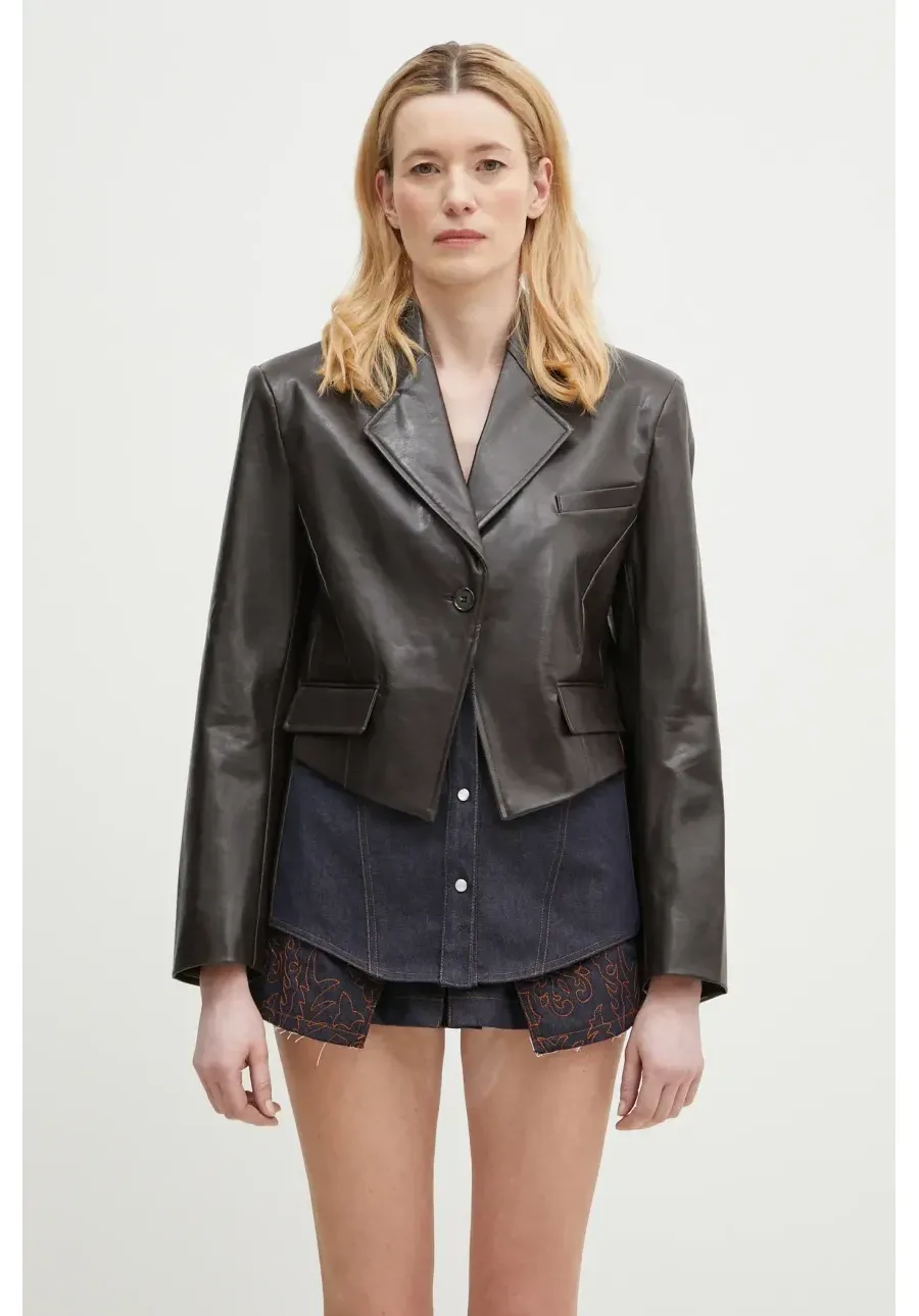 obrazek 1 Andersson Bell marynarka Hybrid Faux-Leather Blazer kolor brązowy jednorzędowa gładka awa683w