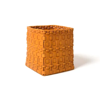 Picture Italian square basket woven from natural leather