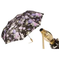 Picture Stylish black women's umbrella decorated with a unique floral pattern with an original brass handle - Pasotti