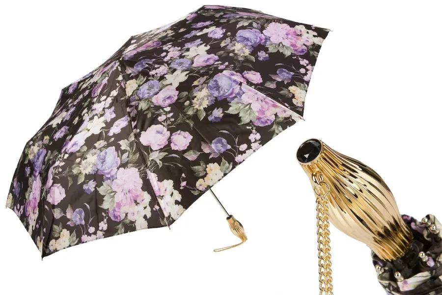 obrazek 1 Stylowy czarny parasol damski zdobiony wyjątkowym wzorem kwiatowym z oryginalną mosiężną rączką - Pasotti