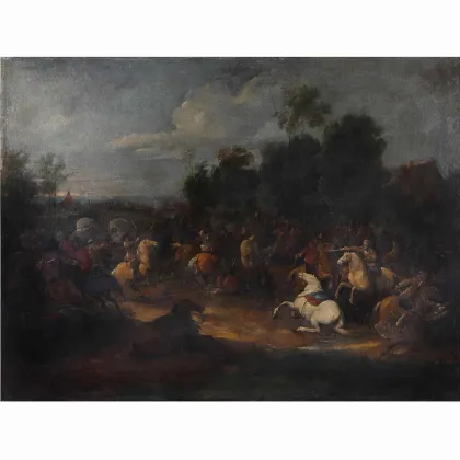 Zdjęcie XIX-wieczna scena bitwy w flamandzkiej szkole z mostem i krajobrazem rzecznym