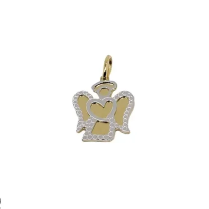 Zdjęcie Zawieszka aniołek z błyszczącą i kropkowaną blaszką w kształcie serca o wymiarach 17x15mm.
