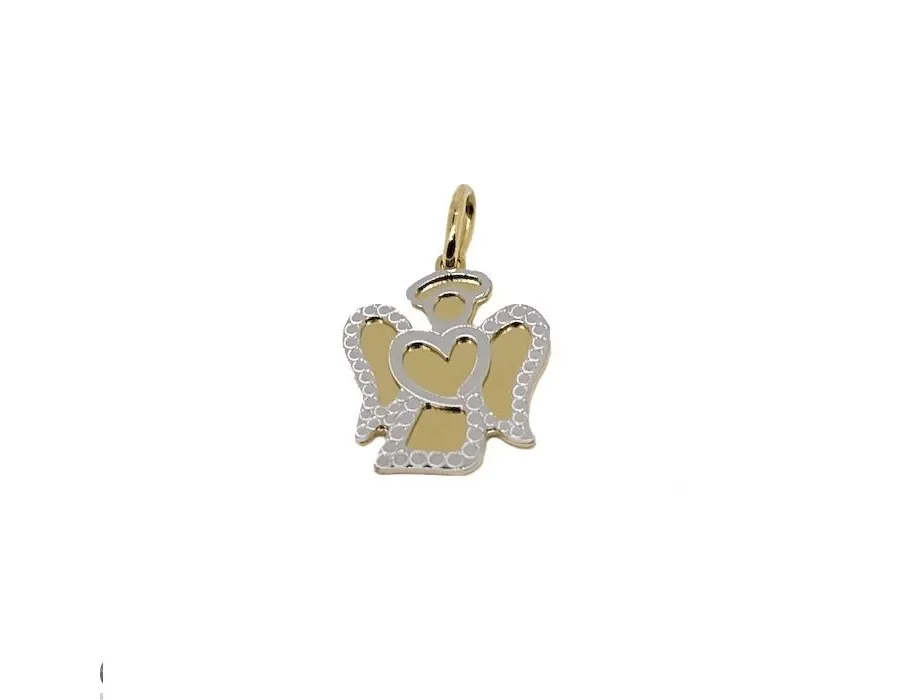 obrazek 1 Zawieszka aniołek z błyszczącą i kropkowaną blaszką w kształcie serca o wymiarach 17x15mm.