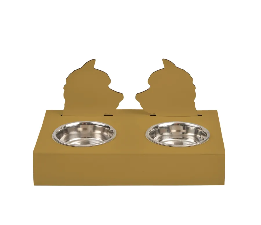 obrazek 1 Skórzany stojak na miski dla psa 40x22xH7,5 cm w oryginalnym musztardowym kolorze