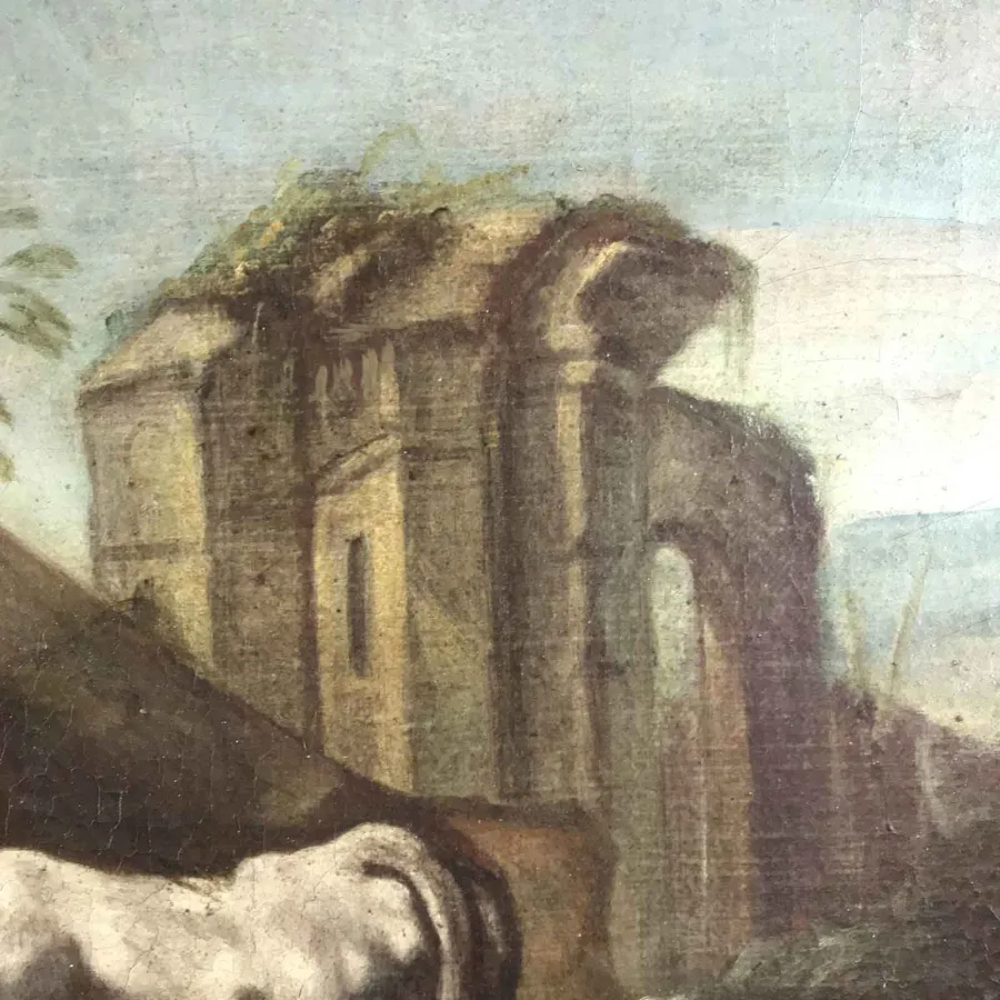 obrazek 6 Krajobraz z figurami ruin, stadami i pasterzami  z oryginalną ramą  z 1700roku