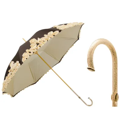 Zdjęcie Wyjątkowy parasol damski w kolorach brązu zdobiony pięknymi kwiatami - Pasotti