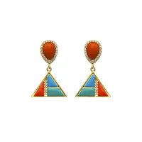 Picture Luxury I8K Gold Plated Silver Earrings White Cubic Zirconias Red, Blue and Green Enamel Coral Paste