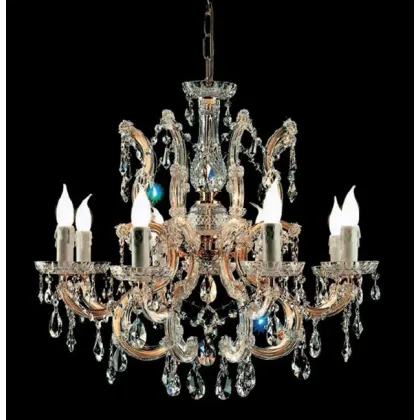 Zdjęcie Piękny stylowy żyrandol Mariateresa z pozłacaną metalową ramą pokrytą szklanymi ramionami i przezroczystymi kryształowymi zawieszkami - Il Paralume Marina