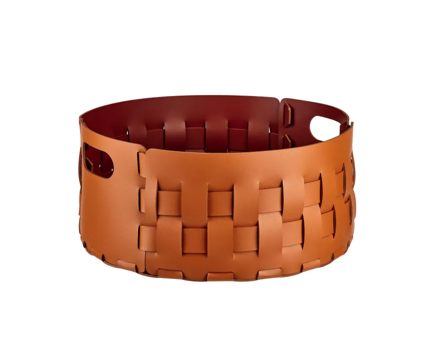 obrazek 1 Okrągły skórzany kosz Bottega Ø40xH20 cm  w kolorze bursztynowym