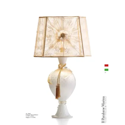 Picture Murano glass table lamp in white and gold with handmade lace fabric lampshade – Il Paralume Marina