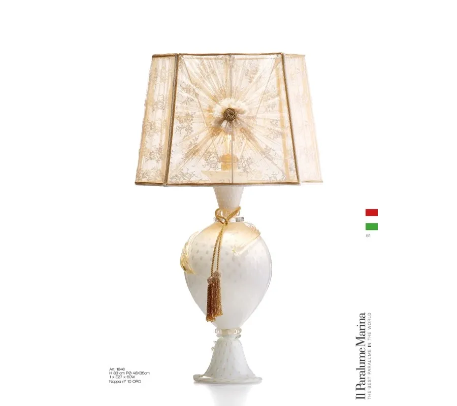 obrazek 1 Lampa stołowa ze szkła Murano w kolorze białym i złotym z abażurem z ręcznie robionej tkaniny z koronki – Il Paralume Marina