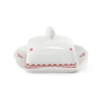 Zdjęcie Kwadratowa maselniczka z porcelany z subtelnym czerwonym zdobieniem – Leander
