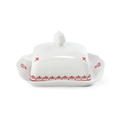 Zdjęcie Kwadratowa maselniczka z porcelany z subtelnym czerwonym zdobieniem – Leander