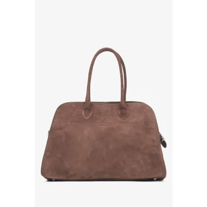 Zdjęcie Estro: Poręczna ciemnobrązowa torebka damska typu kuferek z włoskiego weluru Premium