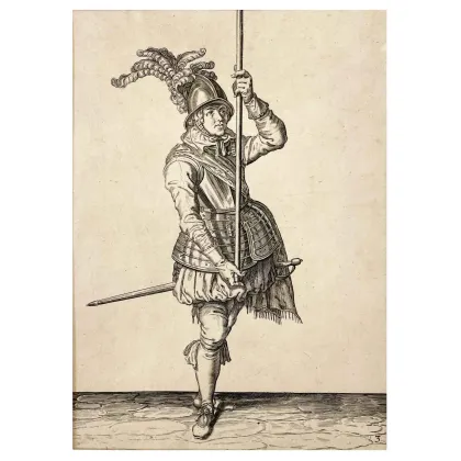 Picture Engraving by Jacob De Gheyn Man with Spear and Sword from the 17th century
